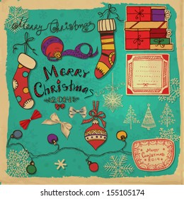 Collection of various Christmas related objects - snowflakes,baubles, teardrop ornament, bows, gifts, fir trees, labels, lights on old paper background with grunge frame