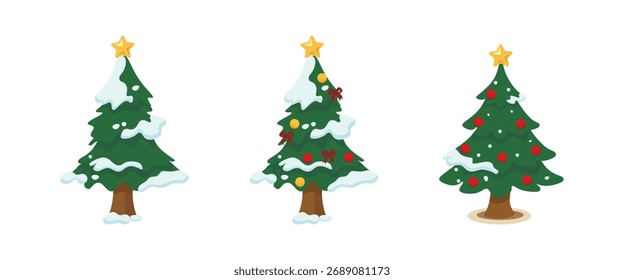 Colección de varios árboles de Navidad, algunos lisos, algunos decorados con adornos, luces, nieve y una estrella de oro. Conjunto de Ilustración vectorial de temporada de Festiva para el diseño.