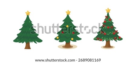 Collection of various Christmas trees, some plain, some decorated with ornaments, lights, snow, and a gold star. Holiday season vector illustration set for design.