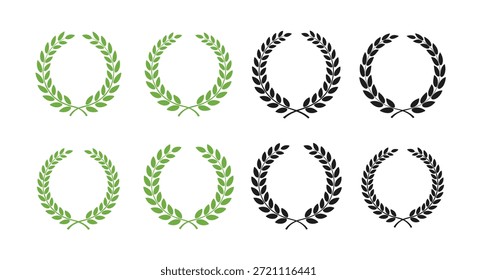 Coleção de vários símbolos circulares de coroa de louro em cores verdes e pretas representando vitória, sucesso e realização.