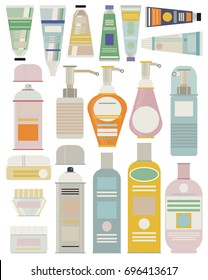 A collection of various cleaning supplies and forms -  bottle, container, spray, liquid soap, shampoo, hair spray, deodorant, shower gel, hair conditioner, bath foam, cream. Care body, face, hair..