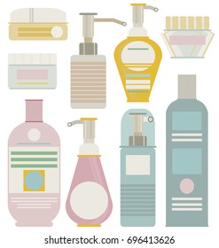A collection of various cleaning supplies and forms -  bottle, container, spray, liquid soap, shampoo, hair spray, deodorant, shower gel, hair conditioner, bath foam, cream. Care body, face, hair..