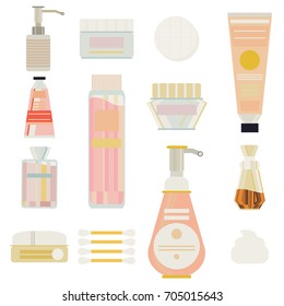 A collection of various cleaning supplies and forms - bottle, container, spray, liquid soap, shampoo, hair spray, deodorant, shower gel, hair conditioner, bath foam, cream. Care body, face, hair.