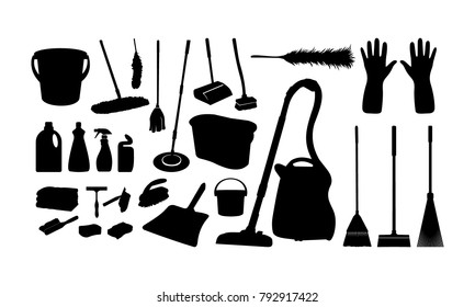 Collection of Various Cleaning Tools silhouette set vector illustration, Cleaning Sanitary Washing Tool Silhouette Collection