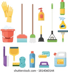 Collection of various cleaning tools. Vector illustration of various colorful cleaning tools
