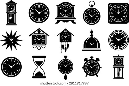 Collection of various clock and time keeping device icons on white background