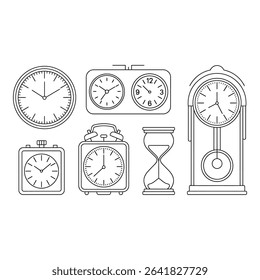 Collection of various clocks and an hourglass isolated on white background