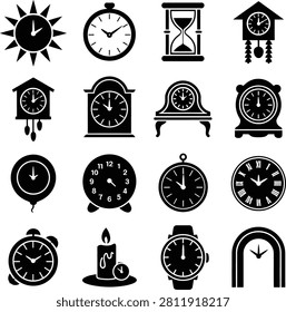Collection of various clocks and time keeping devices on white background