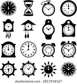 Collection of various clocks and timepieces on white background