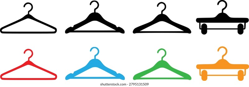 A collection of various clothes hanger icons, including simple wire, plastic, and pant hangers, presented in black, red, blue, green, and orange colors.