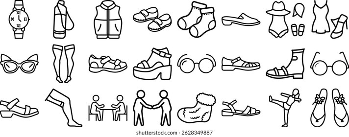 Collection of various clothing items and accessories outlined as a clean vector set icon for design