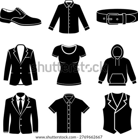 Collection of various clothing items and accessories for business and casual wear in black and white