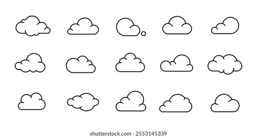 Uma coleção de vários contornos de nuvem em diferentes formas e tamanhos, organizados em um formato de grade. As nuvens são simples desenhos de linha sem cor, mostrando uma variedade de formas de nuvens macias e delicadas