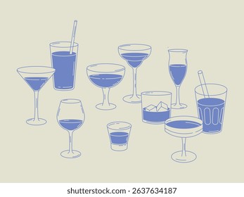 Collection of various cocktail and drink glasses filled with blue beverages. Minimal hand-drawn style, perfect for bar menus, drink guides, posters, and mixology designs.
