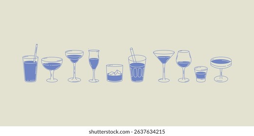 Collection of various cocktail and drink glasses filled with blue beverages. Minimal hand-drawn style, perfect for bar menus, drink guides, posters, and mixology designs.