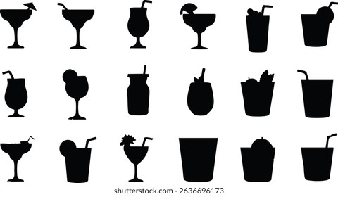 A collection of various cocktail glass silhouettes arranged on a white background in a grid pattern