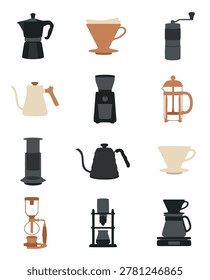 A collection of various coffee brewing devices and accessories for making coffee.