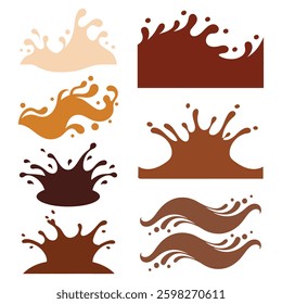 Collection of various coffee chocolate splash patterns on white background