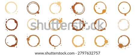 Collection of various coffee cup ring stains and splashes isolated on a white background. Vector illustration of brown beverage marks.