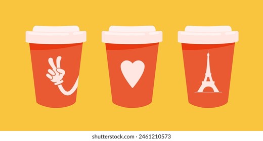 Colección de varias tazas de café para llevar del papel.