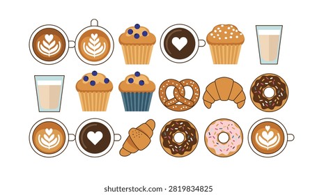 Collection of various coffee drinks, blueberry muffins, glazed donuts and croissants in flat design.