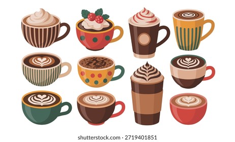 Collection of Various Coffee Drinks in Cups and Mugs Vector Illustration
