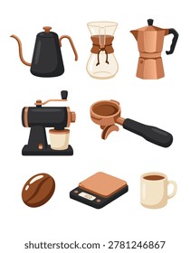 A collection of various coffee making tools and accessories.