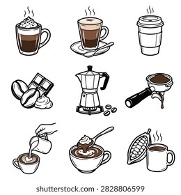 A collection of various coffee related items including cups, beans, and brewing equipment.