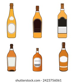 Collection of various cognac bottles with labels and different colors on white background