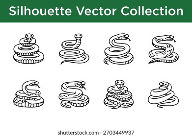 Una colección de varias siluetas de serpientes enrolladas en Ilustraciones vectoriales blancas y negras.