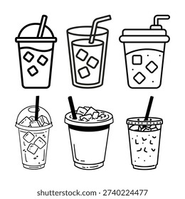 Collection of various cold coffee drinks in different cups and lids with straws, showcasing diverse beverage styles and packaging