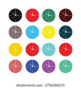 Collection of various colored clocks showing different times