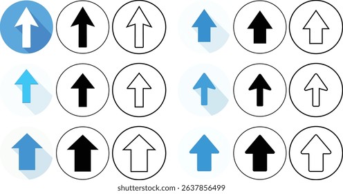 Collection of various colored and outlined arrow symbols pointing upward in circular shapes