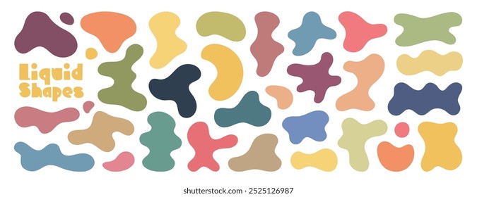 Collection of various colorful abstract liquid shapes in soft tones on white background. Each shape is unique, with rounded and flowing forms drawing by hand. Vector illustration 