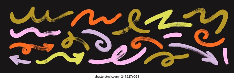 Colección de varias flechas dibujadas de pincel de colores y líneas de garabato. Vector dibujado a mano flechas espirales extravagantes y líneas de énfasis gruesas. Símbolos de marcador de garabato de Vector. Trazos de grunge para collages.