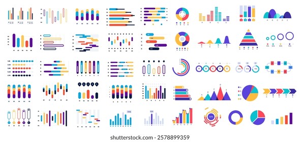 Collection of various colorful charts and diagrams presenting statistical data analysis with bars, lines, pies, pyramids and other graphic elements for business reports and presentations