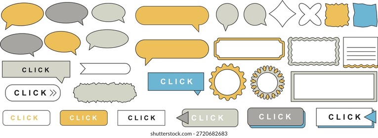 Collection of various colorful chat bubbles and text boxes in yellow, gray, and blue on white background for communication design with speech bubble and digital