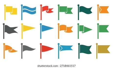 Collection of various colorful flags on poles isolated on white background