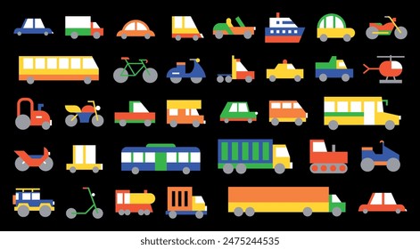 Collection of various colorful flat vector vehicles