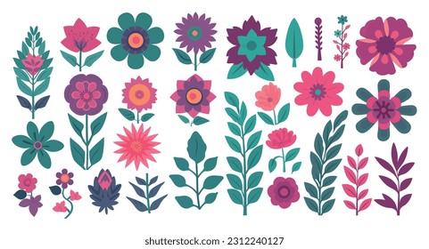 Collection of various colorful flower bouquets, natural decorative patterns