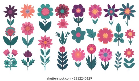 Collection of various colorful flower bouquets, natural decorative patterns