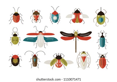 Collection of various colorful geometric insects with wings and antennas isolated on white background - bugs, beetles, dragonfly, ladybug, cockroach. Cartoon vector illustration in modern flat style