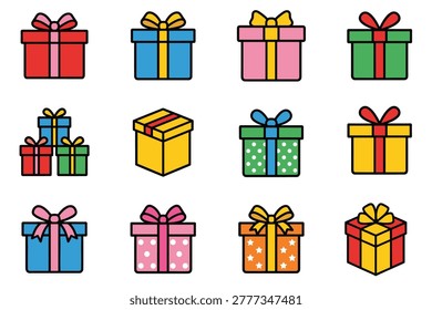 A collection of various colorful gift boxes with ribbons and bows, perfect for holidays, birthdays, celebrations, and special occasions.