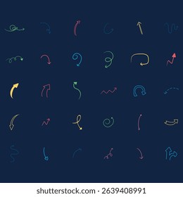 Collection of various colorful hand-drawn arrows in different shapes and directions, suitable for graphic design, illustrations, and other design projects.  