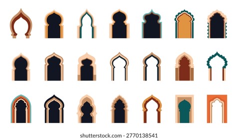 Collection of various colorful oriental arch shapes and doorways inspired by middle eastern architecture on a clean white background.