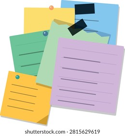 A collection of various colorful paper notes stacked together featuring lines for writing and push pins, perfect for business planning, office reminders, and creative organization.
