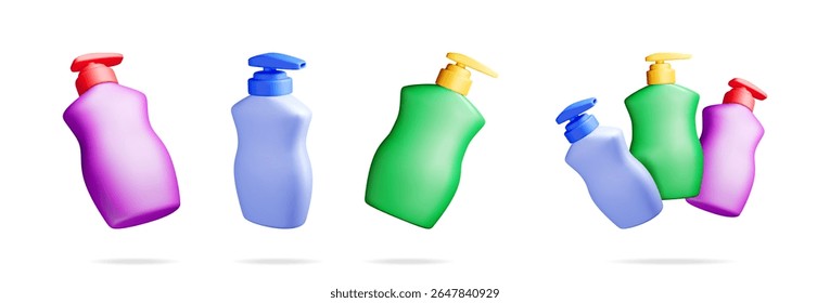 Uma coleção de várias garrafas coloridas da bomba em uma ilustração 3D caprichosa. Conceito de fornecimento de limpeza para publicidade de produtos domésticos e de higiene.