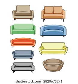 Collection of various colorful sofas, couches, and armchairs presenting diverse seating options for home interiors, reception areas, offices, and living rooms in a cartoon style
