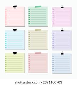 Collection of various colorful sticky notes. Blank paper notes for to-do list, planner, bookmarks, reminders, memories and stickers. Templates for a note message. Aesthetic paper Vector illustration.