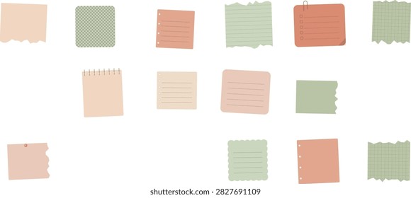 A collection of various colorful sticky notes and paper scraps with different textures, patterns, and edges arranged on a white background.